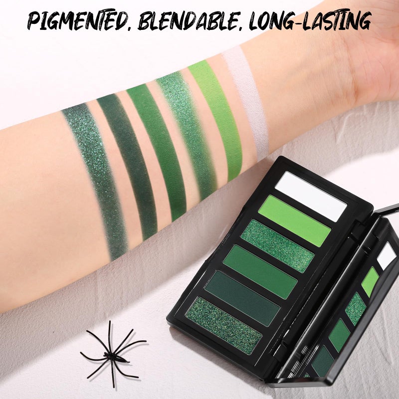 SUSIKEKI Green Eyeshadow Palette with Mirror Lime Forest Emerald Tones Matte Shimmer 6 Colors Mini Eye Shadow Pallet Travel Size Highly Pigmented for Goth Fairy Joker Wicked Halloween Parties Makeup - Image 3