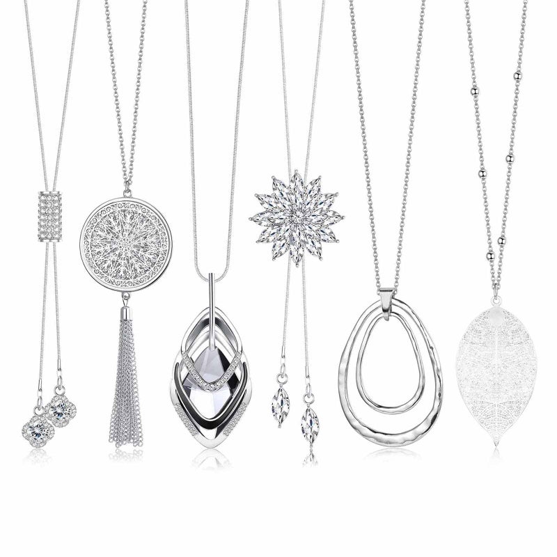 Jstyle 6Pcs Long Pendant Necklaces for Women Long Sweater Necklaces Silver Flower Tassel Disk Circle Leaf Statement Sweater Chain Necklace for Women Y Necklace Set Fashion Jewelry C - Image 1