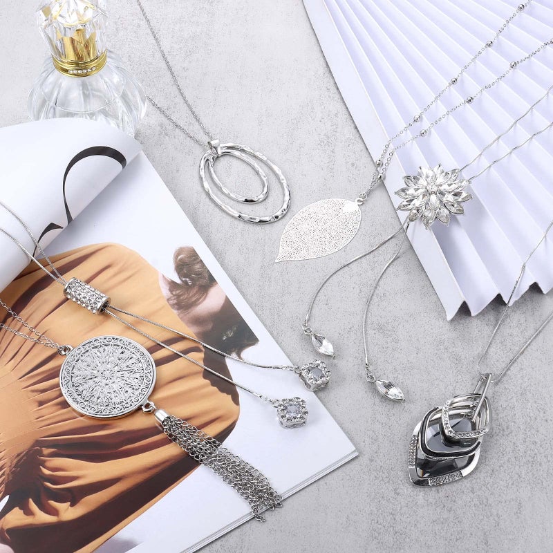 Jstyle 6Pcs Long Pendant Necklaces for Women Long Sweater Necklaces Silver Flower Tassel Disk Circle Leaf Statement Sweater Chain Necklace for Women Y Necklace Set Fashion Jewelry C - Image 5