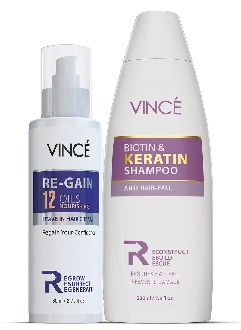 Hair Re-Growth Combo – Biotin & Keratin Shampoo 230ml + Leave-In Cream 80ml – Reduces Hair Fall, Strengthens Hair Follicles, Nourishes Scalp & Promotes Smoother, Shinier, and Voluminous Hair