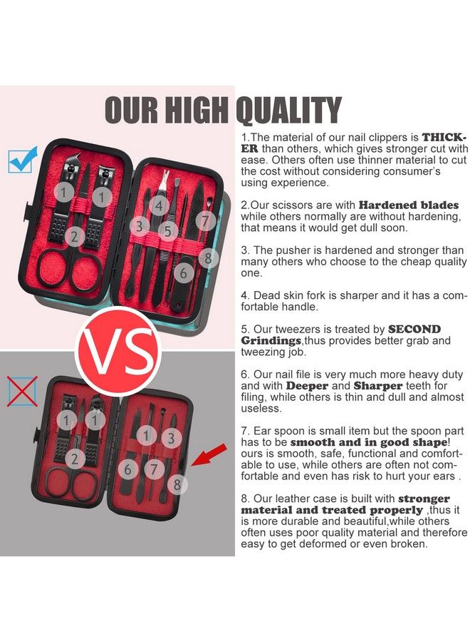 HANTEKAS Manicure Set 9 In 1 Stainless Steel Nail Clippers Scissors Pedicure Tools Kit Portable Travel Grooming Kit For Men And Women With Black/Red Leather Case (Red) - Image 4
