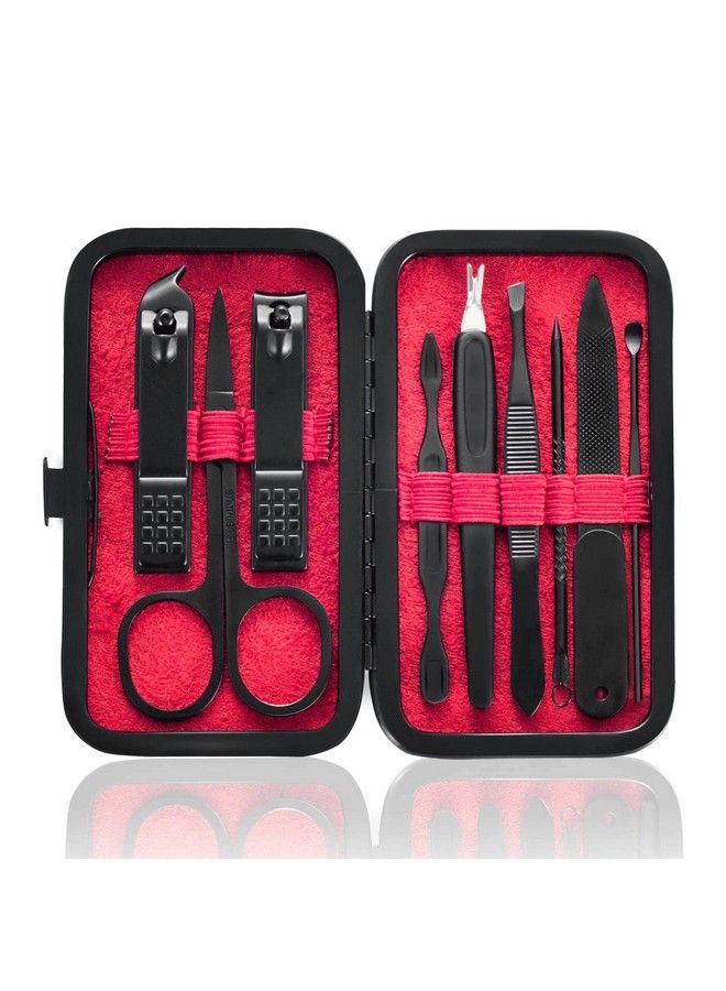 HANTEKAS Manicure Set 9 In 1 Stainless Steel Nail Clippers Scissors Pedicure Tools Kit Portable Travel Grooming Kit For Men And Women With Black/Red Leather Case (Red) - Image 1