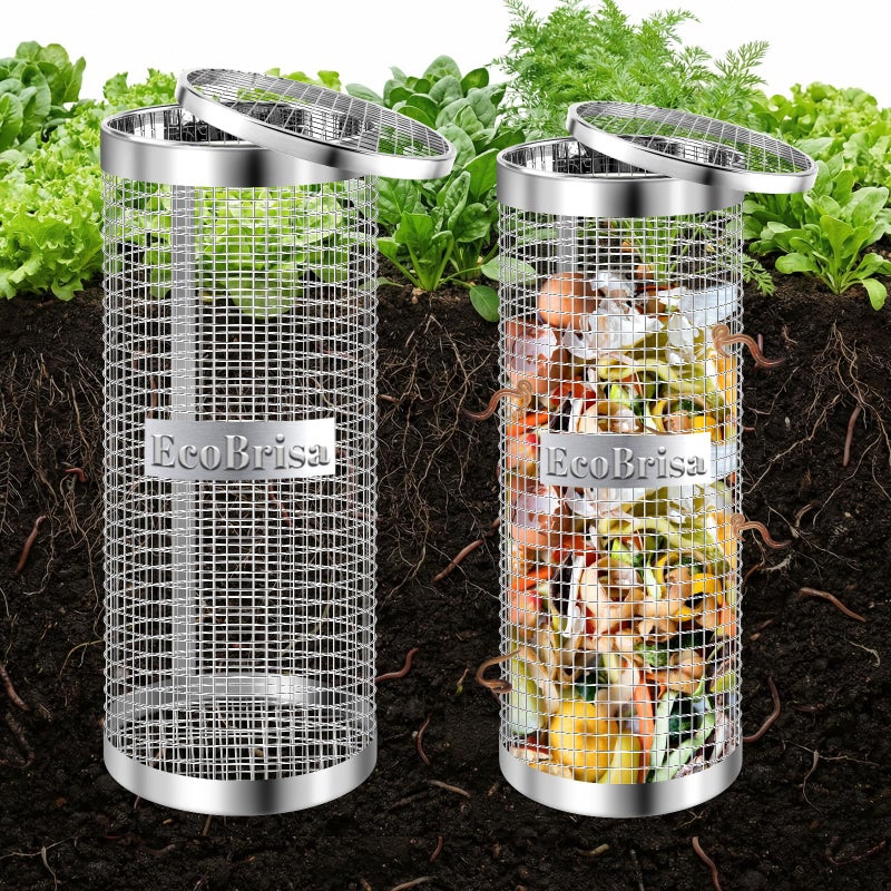EcoBrisa Underground Worm Composting Bin Metal Compost Bin for Recycling Kitchen Food Waste Outdoor Worm Compost Bin with Holes and Lid Use in Outdoor Garden Vegetable Patch Backyard Silvery 2pcs - Image 2