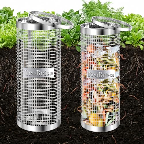 EcoBrisa Underground Worm Composting Bin Metal Compost Bin for Recycling Kitchen Food Waste Outdoor Worm Compost Bin with Holes and Lid Use in Outdoor Garden Vegetable Patch Backyard Silvery 2pcs - Image 1