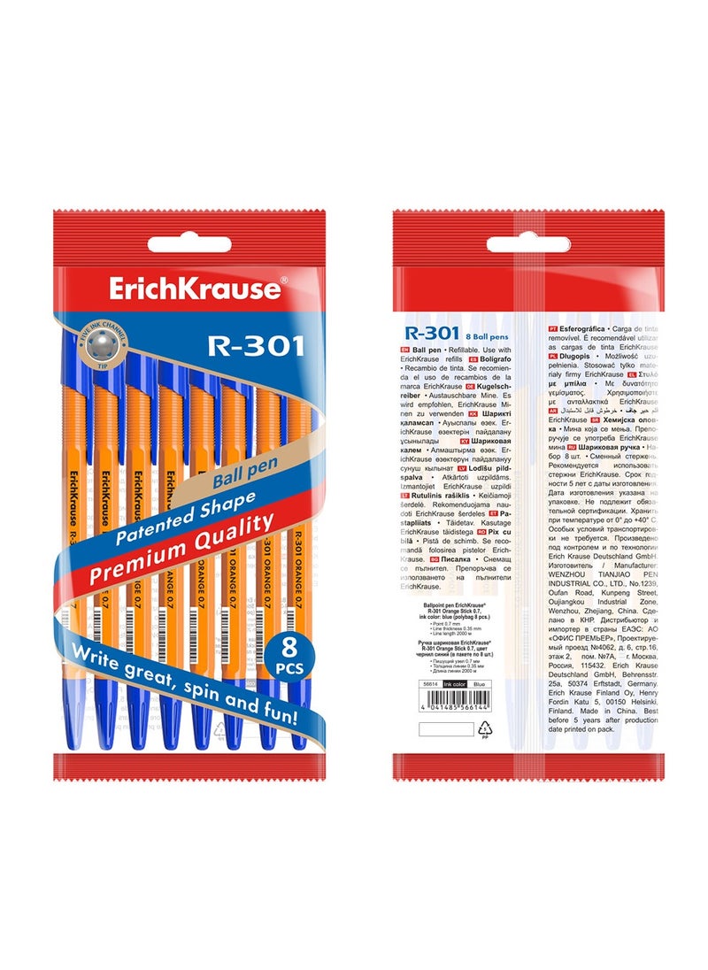 مجموعة من 8 أقلام حبر جاف R-301 Stick Orange 0.7، لون الحبر: أزرق (في كيس بلاستيكي)