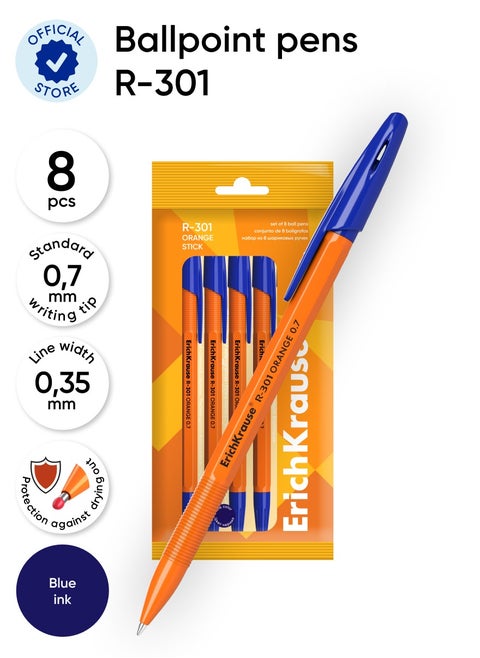 مجموعة من 8 أقلام حبر جاف R-301 Stick Orange 0.7، لون الحبر: أزرق (في كيس بلاستيكي)