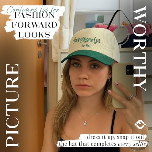 Funky Junque Unisex Vintage Corduroy Trucker Snapback Hat, Embroidered Two-Tone Baseball Cap - Slow Morning Club - Green/Beige - Image 4