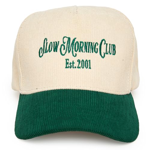 Funky Junque Unisex Vintage Corduroy Trucker Snapback Hat, Embroidered Two-Tone Baseball Cap - Slow Morning Club - Green/Beige - Image 1