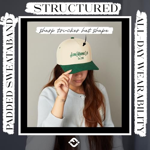 Funky Junque Unisex Vintage Corduroy Trucker Snapback Hat, Embroidered Two-Tone Baseball Cap - Slow Morning Club - Green/Beige - Image 5
