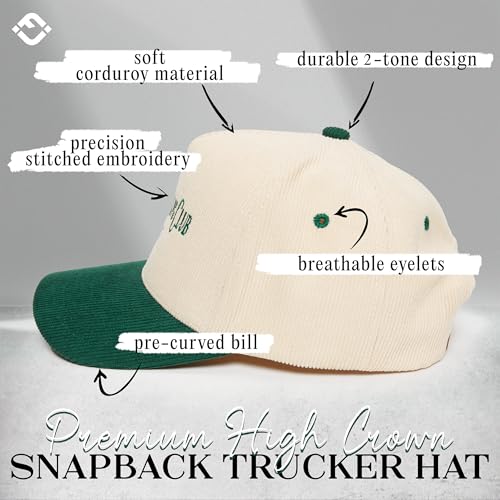 Funky Junque Unisex Vintage Corduroy Trucker Snapback Hat, Embroidered Two-Tone Baseball Cap - Slow Morning Club - Green/Beige - Image 3