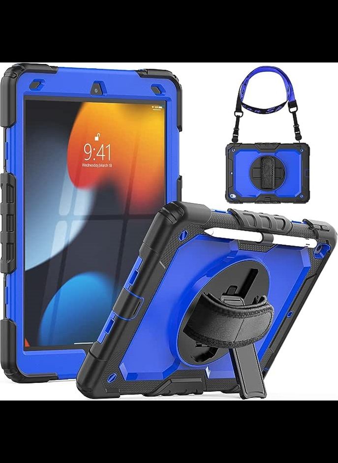 SEYMCY iPad 10.2 inch Case, Shockproof Case for iPad 8th Generation (2020)/7th Generation (2019), 360 Rotating Hand Strap/Kickstand Case with Screen Protector/Pencil Holder for iPad 10.2'',Black/Blue