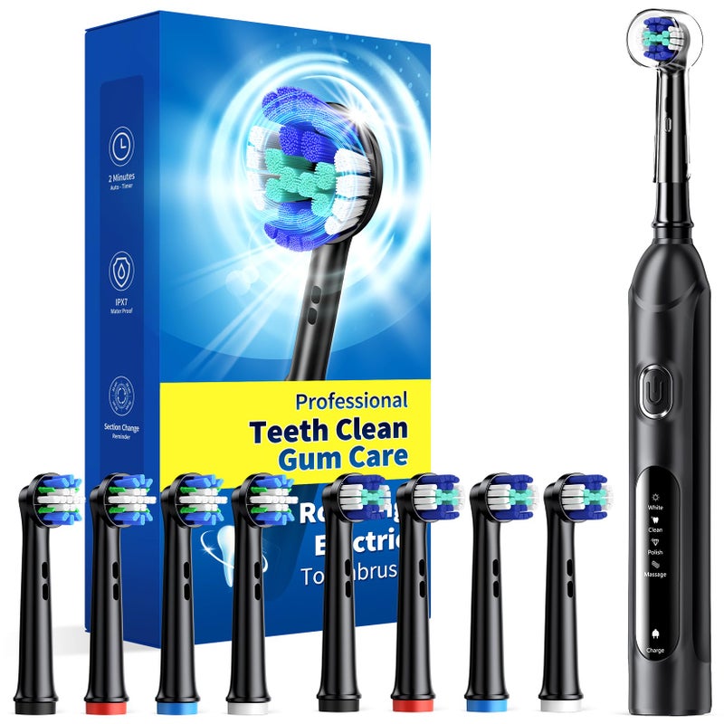 TEETHEORY Rotating Electric Toothbrush for Adults with 8 Brush Heads 2 Types 4 Modes Deep Clean Electric Toothbrush with Rechargeable Power and 2 Min Smart Timer 1 Black p1 - Image 1