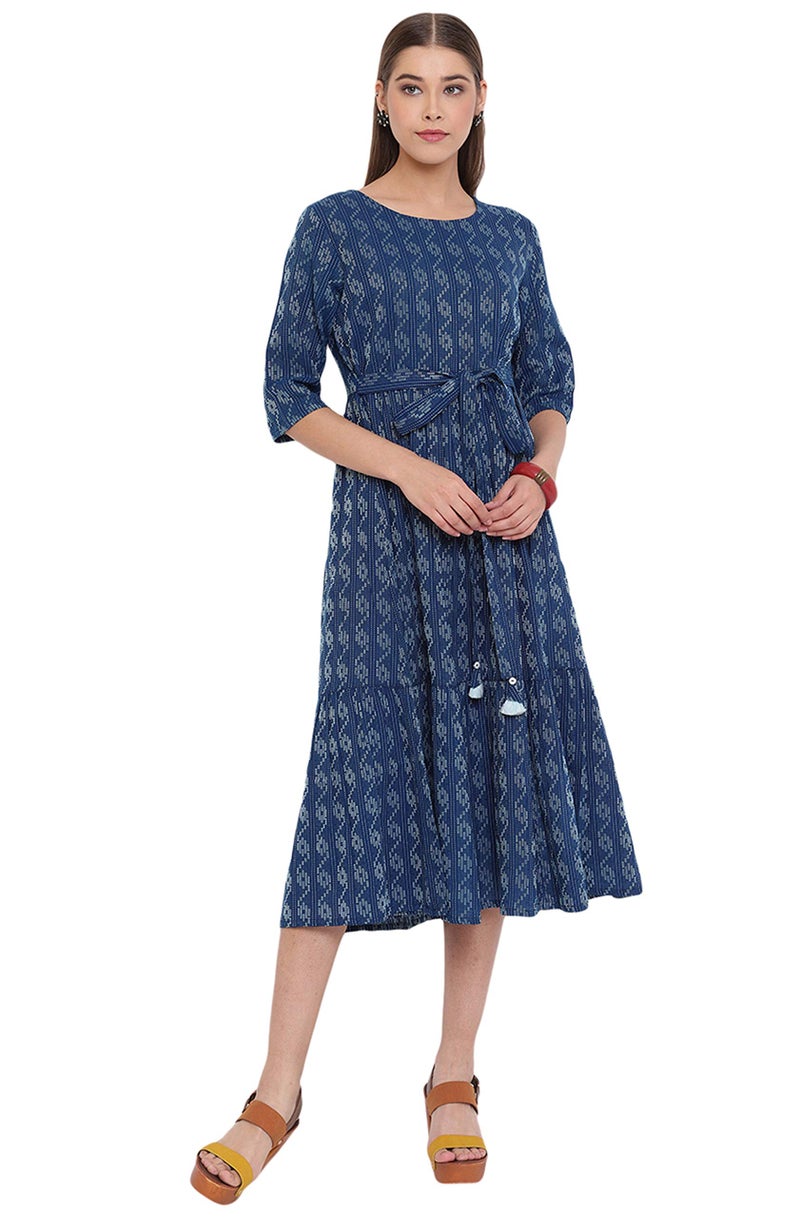 Janasya Women's Pure Cotton Woven Design Flared Western Dress (JNE3710-DR-L) Blue - Image 4