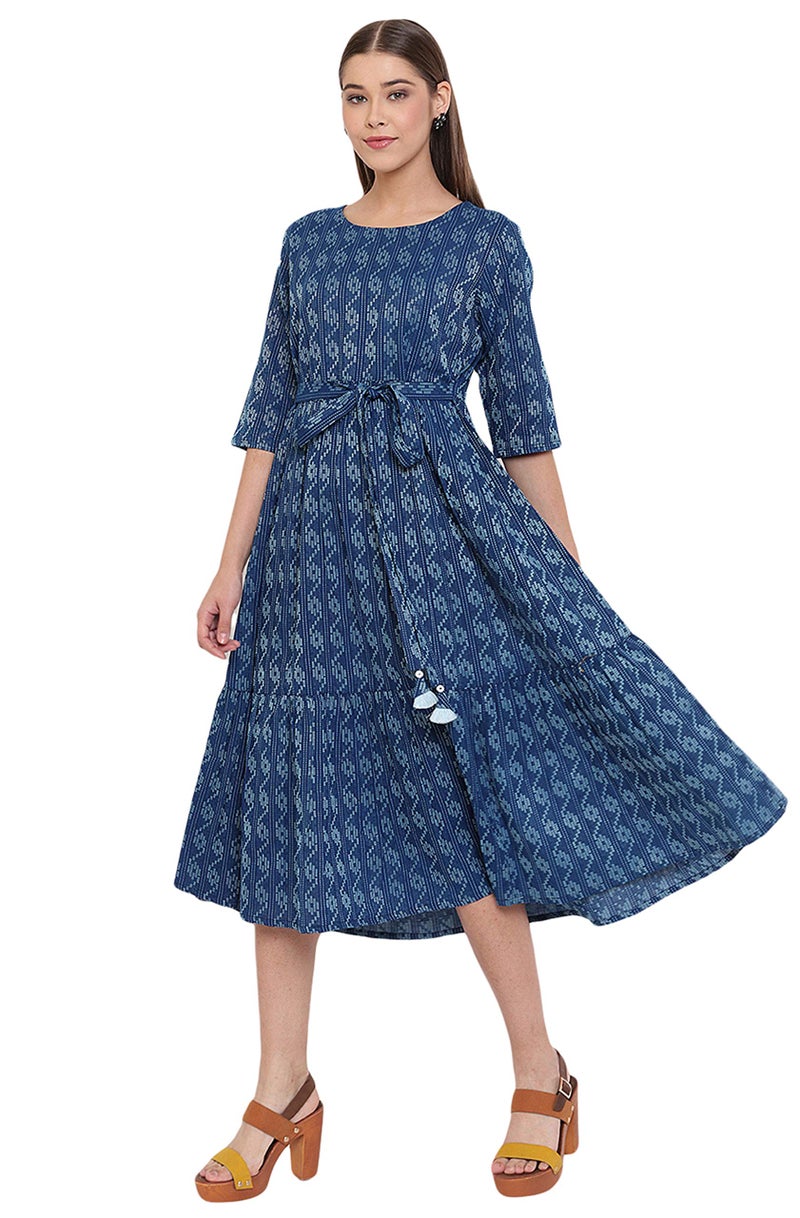 Janasya Women's Pure Cotton Woven Design Flared Western Dress (JNE3710-DR-L) Blue - Image 3