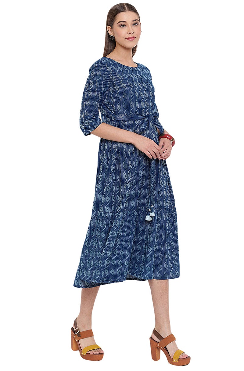 Janasya Women's Pure Cotton Woven Design Flared Western Dress (JNE3710-DR-L) Blue - Image 5
