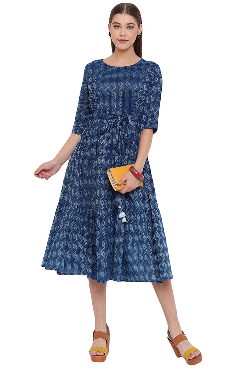 Janasya Women's Pure Cotton Woven Design Flared Western Dress (JNE3710-DR-L) Blue - Image 1