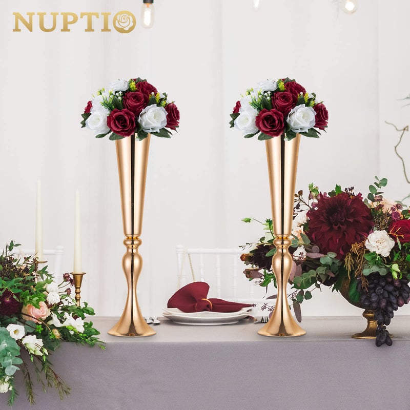 NUPTIO Flower Wedding Centrepieces for Tables - 6 Pcs 9.5in Diameter Burgundy & White Artificial Flowers Rose Ball for Centerpieces Table - Fake Rose Arrangements for Weddings Birthday Party Decor - Image 3