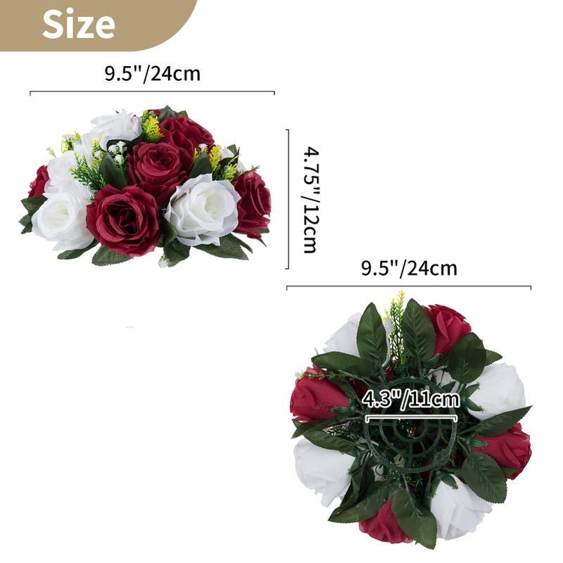 NUPTIO Flower Wedding Centrepieces for Tables - 6 Pcs 9.5in Diameter Burgundy & White Artificial Flowers Rose Ball for Centerpieces Table - Fake Rose Arrangements for Weddings Birthday Party Decor - Image 5