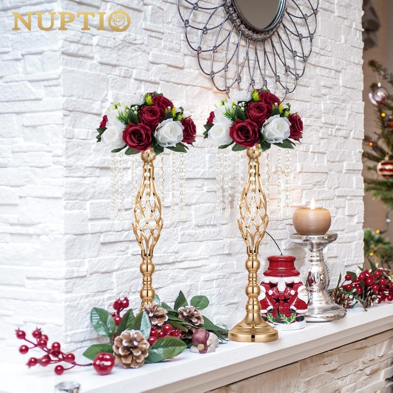 NUPTIO Flower Wedding Centrepieces for Tables - 6 Pcs 9.5in Diameter Burgundy & White Artificial Flowers Rose Ball for Centerpieces Table - Fake Rose Arrangements for Weddings Birthday Party Decor - Image 2