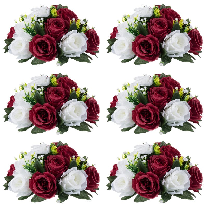 NUPTIO Flower Wedding Centrepieces for Tables - 6 Pcs 9.5in Diameter Burgundy & White Artificial Flowers Rose Ball for Centerpieces Table - Fake Rose Arrangements for Weddings Birthday Party Decor - Image 1