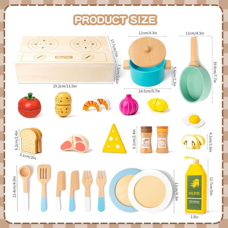 Smartwo Children's Kitchen Accessories Wood, Play Kitchen Pots & Tableware, Kitchen Accessories Cooking Set, Wooden Toy Food for Cutting, Kitchen Toy for Role Play from 2 3 Years, Girls Gift - Image 2