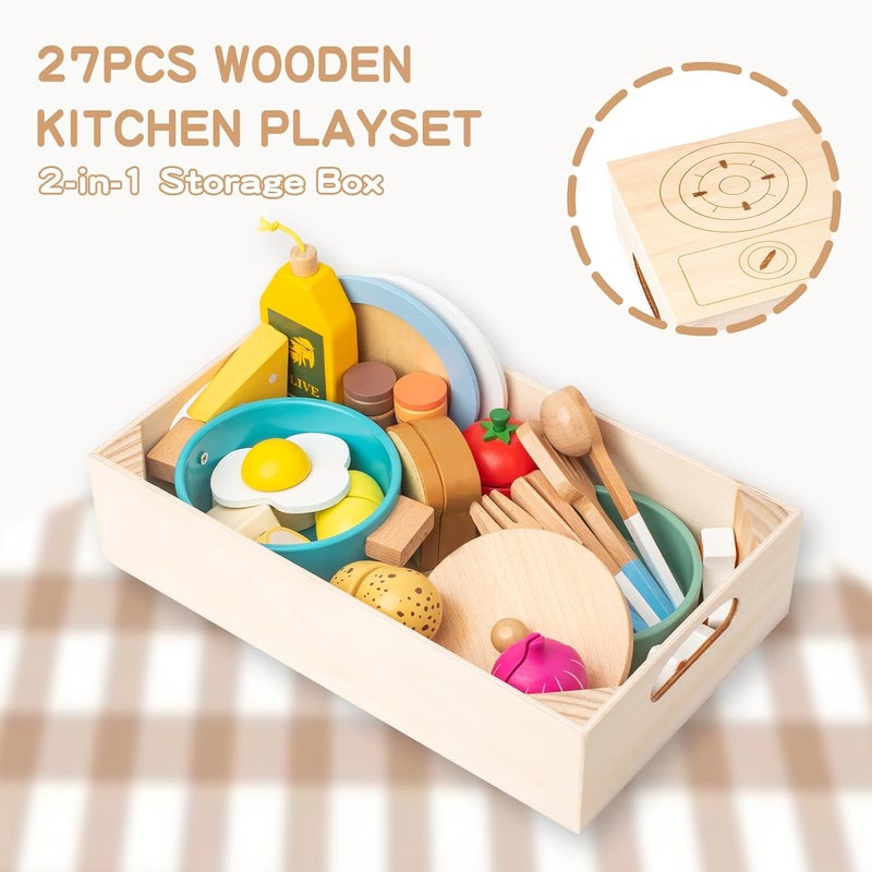 Smartwo Children's Kitchen Accessories Wood, Play Kitchen Pots & Tableware, Kitchen Accessories Cooking Set, Wooden Toy Food for Cutting, Kitchen Toy for Role Play from 2 3 Years, Girls Gift - Image 5