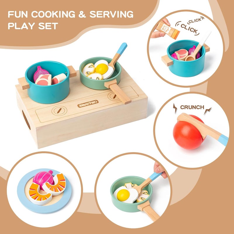 Smartwo Children's Kitchen Accessories Wood, Play Kitchen Pots & Tableware, Kitchen Accessories Cooking Set, Wooden Toy Food for Cutting, Kitchen Toy for Role Play from 2 3 Years, Girls Gift - Image 3