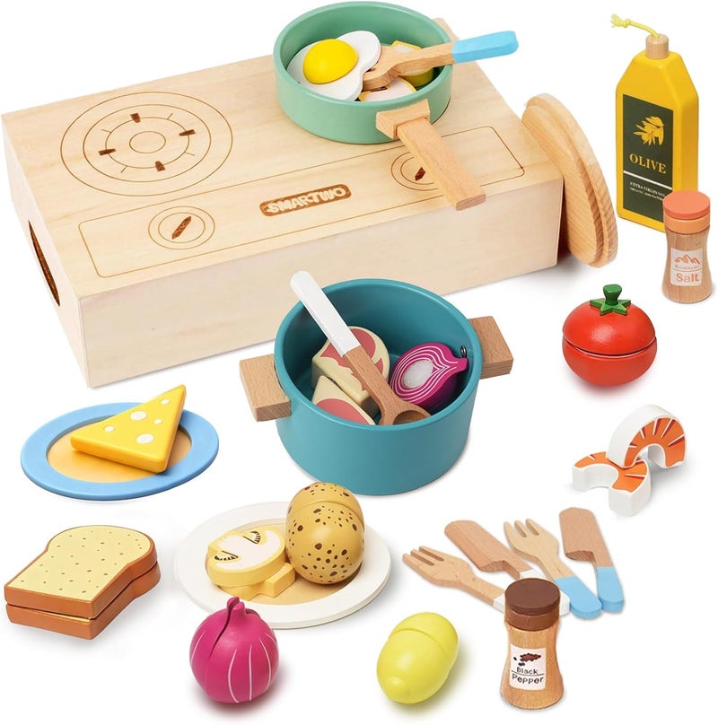 Smartwo Children's Kitchen Accessories Wood, Play Kitchen Pots & Tableware, Kitchen Accessories Cooking Set, Wooden Toy Food for Cutting, Kitchen Toy for Role Play from 2 3 Years, Girls Gift - Image 1