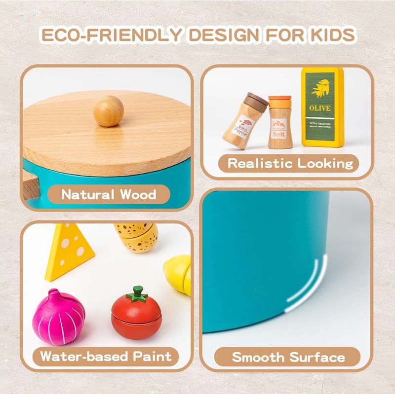Smartwo Children's Kitchen Accessories Wood, Play Kitchen Pots & Tableware, Kitchen Accessories Cooking Set, Wooden Toy Food for Cutting, Kitchen Toy for Role Play from 2 3 Years, Girls Gift - Image 4