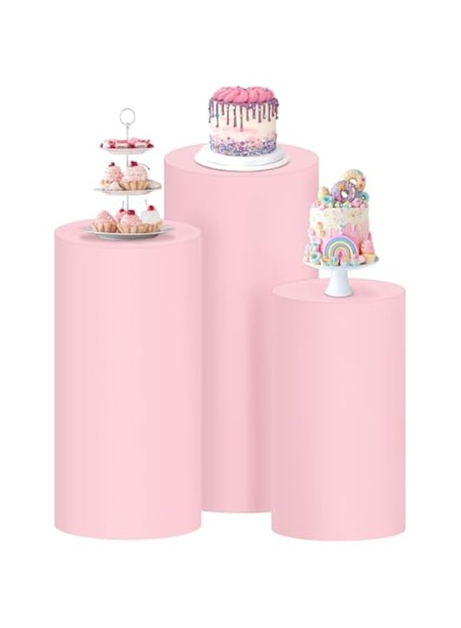 Cylinder Pedestal Stand Covers Spandex Flexible Display Box Stand Covers for Birthday Party Wedding Baby Shower Decoration- Only Stand Covers Included Set of 3 Pink - Image 1