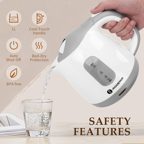 Aigostar Small Electric Kettle, 1L Portable Electric Tea Kettle 1100W with Automatic Shut-Off and Boil Dry Protection, Travel Hot Water Boiler Cordless for Making Coffee and Tea, BPA-Free, Grey - Image 3