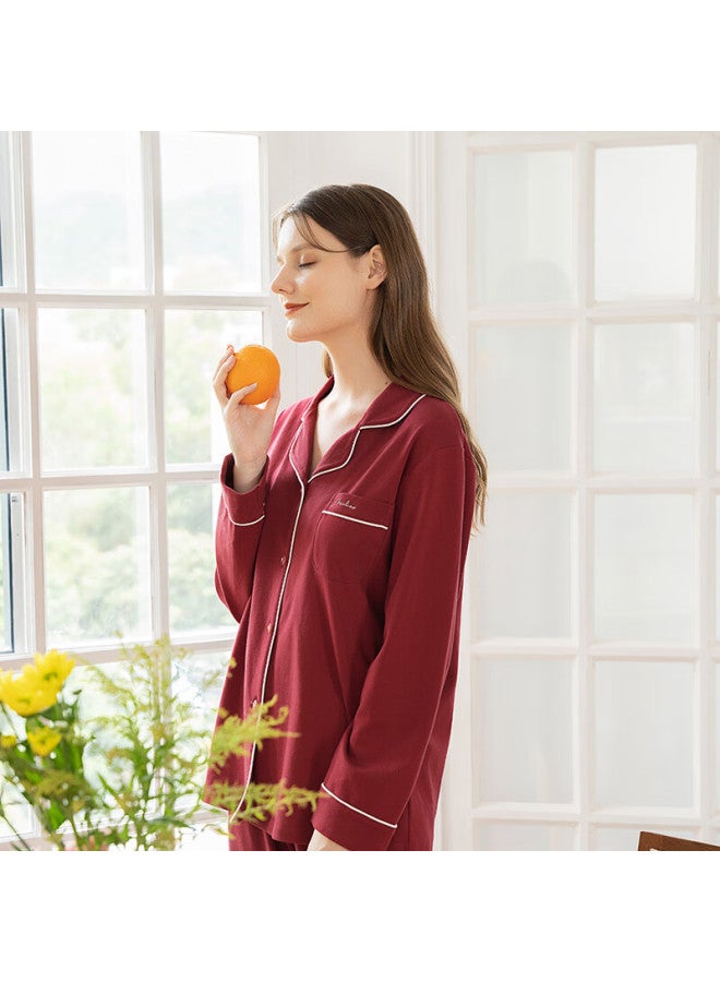 Meibiao Spring Autumn Pure Cotton Pajamas For Women Couples Long Sleeve Long Pants 100% Cotton Homewear For Men Dark Red XL - Image 2