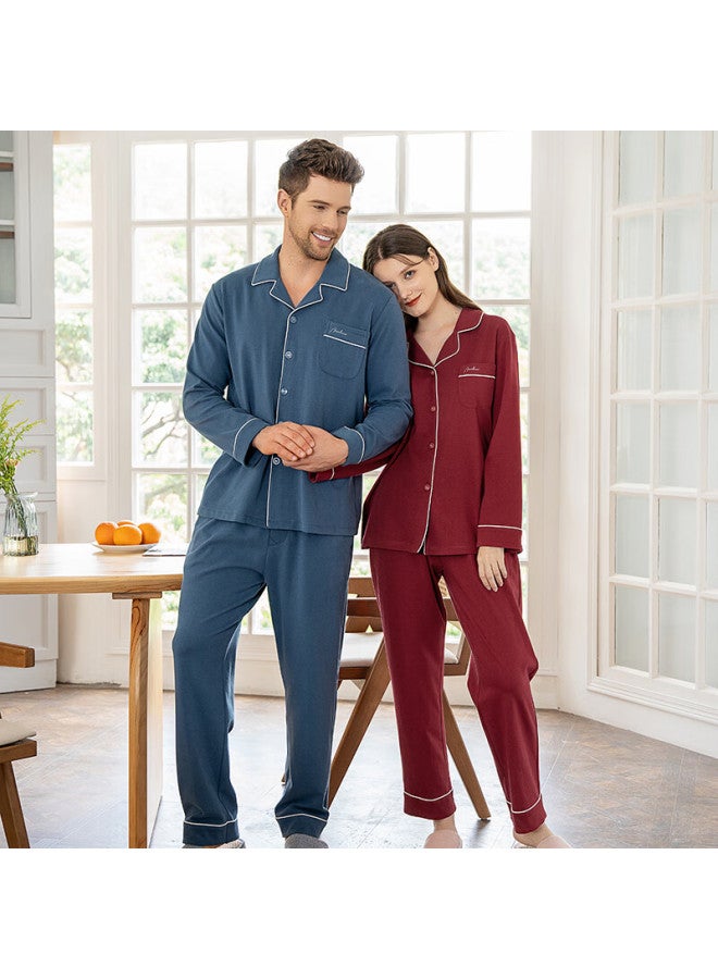 Meibiao Spring Autumn Pure Cotton Pajamas For Women Couples Long Sleeve Long Pants 100% Cotton Homewear For Men Dark Red XL - Image 5