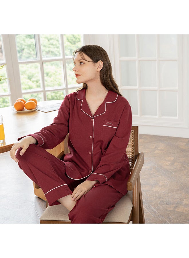 Meibiao Spring Autumn Pure Cotton Pajamas For Women Couples Long Sleeve Long Pants 100% Cotton Homewear For Men Dark Red XL - Image 1