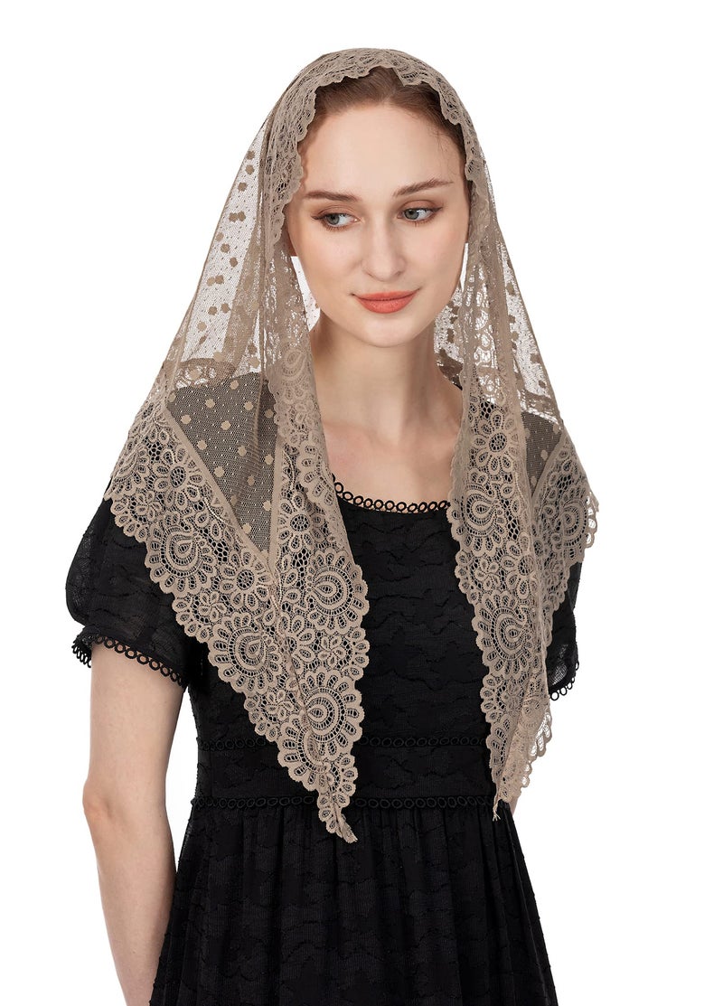 Wgior Triangle Vintage Inspired Lace Chapel Veils Catholic Mass Head Covering Scarf Mantilla Veils for Church (Beige) - Image 2