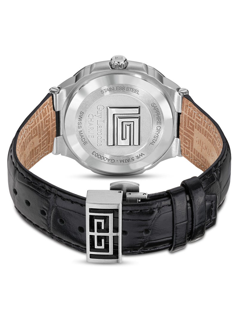 Guy Laroche Charlie Watch for Men with Black Genuine Leather Strap 45 mm 5 Atm  - Image 3