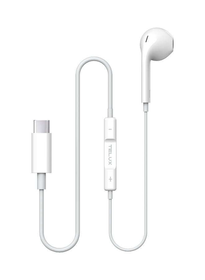 TELUX SOUNDLINK USB-C Mono Earphones, High Bass Wired Earphones with Microphone, In-Line Controls, Comfortable Fit, 14mm Dynamic Drivers, Durable Cable 1.2m – White - Image 1
