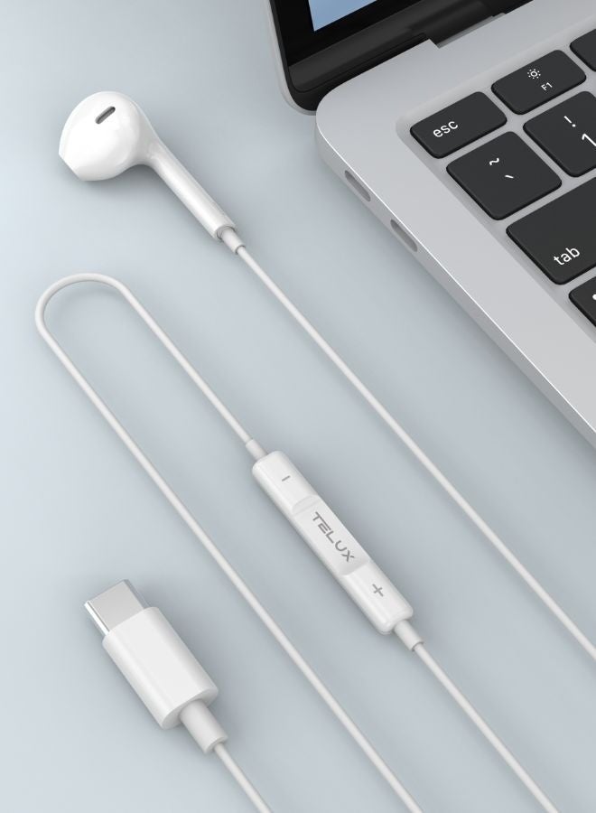 TELUX SOUNDLINK USB-C Mono Earphones, High Bass Wired Earphones with Microphone, In-Line Controls, Comfortable Fit, 14mm Dynamic Drivers, Durable Cable 1.2m – White - Image 3