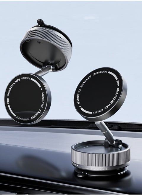 Car Phone Mount with Vacuum Suction & Magnetic Holder - Foldable, Rotatable, and Adjustable Dashboard/Windshield Mount for Smartphones - Dual-Sided Magnetic Adhesion for Secure Placement