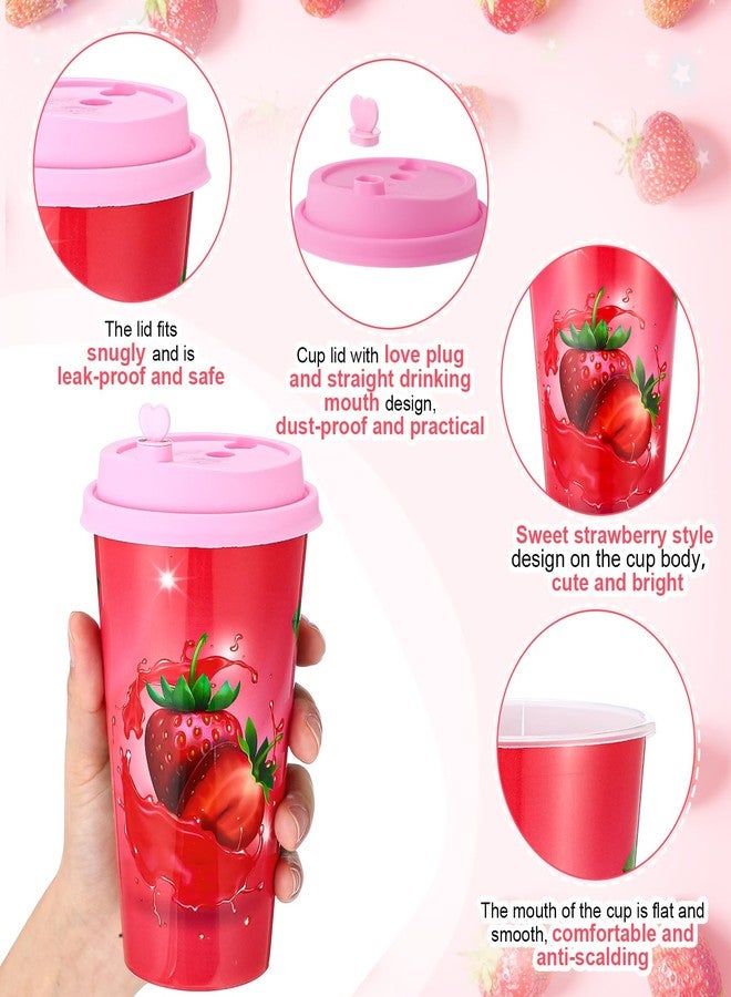 ماكس تشيك مجموعة ماكس تشيك المكونة من 24 كوبًا سعة 16 أونصة، هدايا حفلات أعياد الميلاد مع أغطية وماصات ملونة لتزيين حفلات أعياد الميلاد، أكواب بلاستيكية بألوان قوس قزح وماصات بلاستيكية قابلة لإعادة الاستخدام للحفلات (فراولة). - Image 3