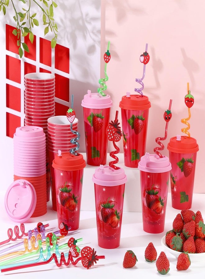 ماكس تشيك مجموعة ماكس تشيك المكونة من 24 كوبًا سعة 16 أونصة، هدايا حفلات أعياد الميلاد مع أغطية وماصات ملونة لتزيين حفلات أعياد الميلاد، أكواب بلاستيكية بألوان قوس قزح وماصات بلاستيكية قابلة لإعادة الاستخدام للحفلات (فراولة). - Image 5
