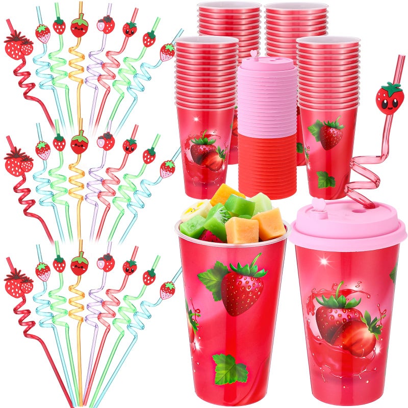 ماكس تشيك مجموعة ماكس تشيك المكونة من 24 كوبًا سعة 16 أونصة، هدايا حفلات أعياد الميلاد مع أغطية وماصات ملونة لتزيين حفلات أعياد الميلاد، أكواب بلاستيكية بألوان قوس قزح وماصات بلاستيكية قابلة لإعادة الاستخدام للحفلات (فراولة). - Image 1