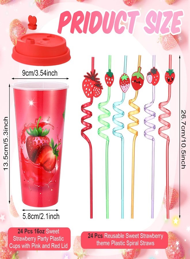 ماكس تشيك مجموعة ماكس تشيك المكونة من 24 كوبًا سعة 16 أونصة، هدايا حفلات أعياد الميلاد مع أغطية وماصات ملونة لتزيين حفلات أعياد الميلاد، أكواب بلاستيكية بألوان قوس قزح وماصات بلاستيكية قابلة لإعادة الاستخدام للحفلات (فراولة). - Image 2