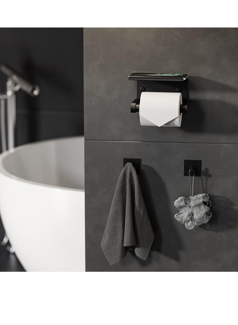 MIXDE Toilet Paper Holder with Phone Shelf + Towel Robe Hooks, Adhesive or Screw Wall Mounted Toilet Paper Roll Storage, Stainless Steel Bathroom Tissue Roll Holder - Image 5