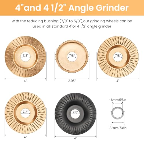 Serplex® 5Pcs Angle Grinder Wood Carving Disc Set, 4 and 4 1/2 Angle Grinder Attachments with 5/8 inch Arbor, Stump Grinder Tool Grinding Wheel Shaping Disc for Wood Cutting, Grinder Cutting Wheel - Image 2