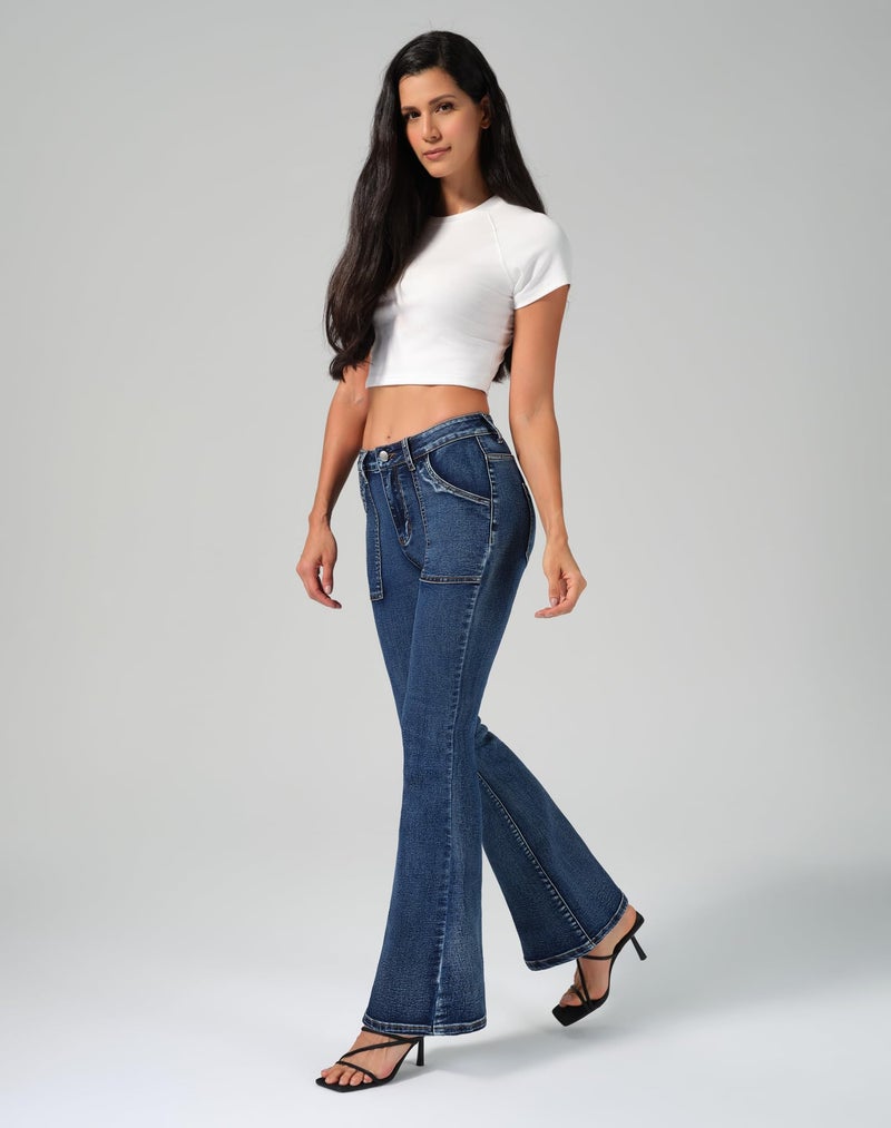 roswear Flare Jeans for Women Bootcut Stretchy Slim Fit Denim Pants Fall Outfits Blue Small - Image 3