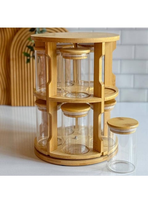 10×1 Rotating Spice Rack Set with a practical and stylish design, featuring 10 glass jars with premium bamboo wood lids to keep your spices fresh and organized. Designed with a rotating base for easy access while cooking.
