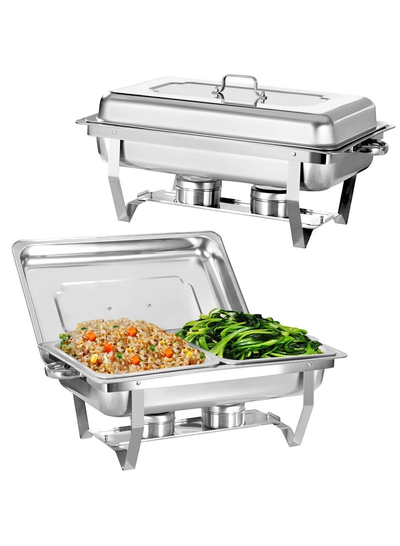 طقم تقديم بوفيه (Chafing Dish) مع غطاء، جهاز تسخين طعام من الفولاذ المقاوم للصدأ مزود بمواقد وقود وحوض ماء، أداة تقديم قابلة للطي مناسبة للبوفيهات والحفلات وحفلات الزفاف والمآدب. - Image 1