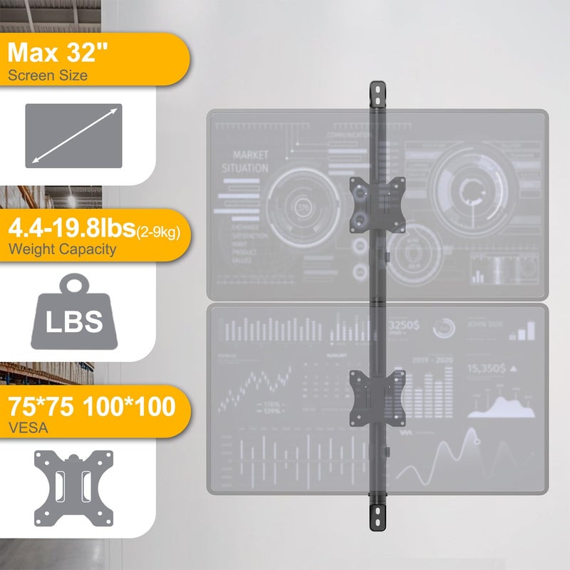 PUTORSEN Dual Monitor Wall Mount - Vertical Stacked Monitor Wall Mount for 17-32 inch Screens,Holds up to 19.8 lbs per Monitor,VESA 75x75/100x100mm,Black - Image 3
