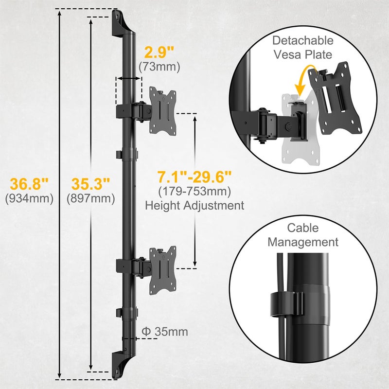 PUTORSEN Dual Monitor Wall Mount - Vertical Stacked Monitor Wall Mount for 17-32 inch Screens,Holds up to 19.8 lbs per Monitor,VESA 75x75/100x100mm,Black - Image 5